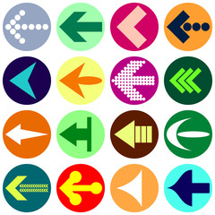 Colorful arrow heads icon set isolated on white background. The flat design 16 arrows point the left direction - Eps10 vector graphics and illustration