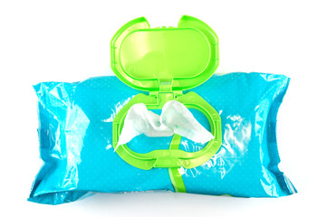 close up on baby wipes in package box