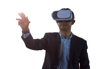 Concept Simulation Business, Smart businessman in a suit wear vr goggles with city town background.