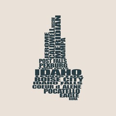 Word cloud map of Idaho state. Cities list collage