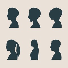 Set of silhouettes of a female head. Flat style. Vector illustration. Side view