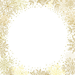 Winter frame with arabesques and snowflakes. Fine greeting card. Golden and white pattern