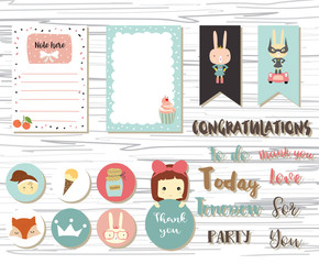 Cute note and sticker with girl,fox,crown and rabbit