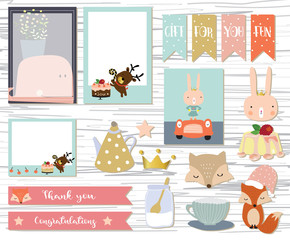 Cute note and sticker with rabbit,fox,whale,crown and cake