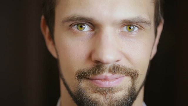 handsome fashion model man portrait with green eyes and smile close up. beard