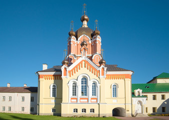 Church of Erection of the Lord's Honest Cross in the Tikhvin Uspensky monastery close up in the sunny day. Tikhvin, Russia
