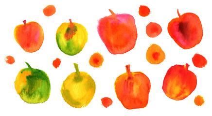 Collection of vibrant quirky watercolor apples on white