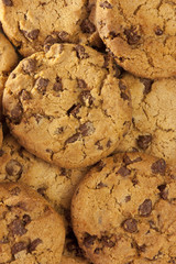 Pile of chocolate chips cookies, shot from above