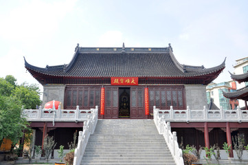 Mahavira Hall of Pilu (Vairocana) Temple in downtown Nanjing, Jiangsu Province, China. Pilu Temple was built in 1522 AD, and is one of the most antique temples in Nanjing.