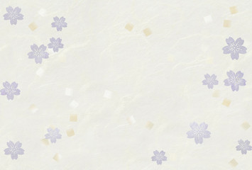 薄紫の桜の花パターン　白い和紙テクスチャ　金箔散らし　グラフィック素材　ハガキ比率