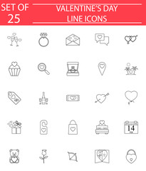 Happy Valentine's day line pictograms package, symbols collection, vector sketches, logo illustrations, linear icons isolated on white background, eps 10.