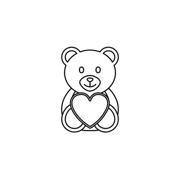 Teddy bear wtih heart line icon, soft toy for Valentine's day, vector graphics, a linear pattern on a white background, eps 10.