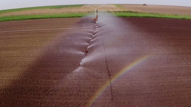 Typhon irrigation of young paprika field in spring. Aerial footage.