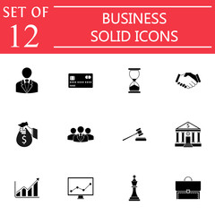 Business solid icon pictograms package, finance and managment symbols collection, marketing vector sketches, logo illustrations, filled icons isolated on white background, eps 10.