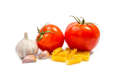 Italian food cooking ingredients. Pasta, tomatoes, peppers. Top view with copy space
