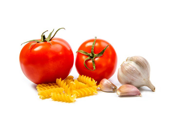 Italian food cooking ingredients. Pasta, tomatoes, peppers. Top view with copy space