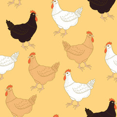 Hand-drawn vector seamless pattern with different colored chickens on yellow background. Rural natural bird farming. Illustration for textile, paper, cards, book, web design, banner.