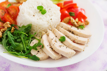 Diet food. Chicken breast with rice and vegetables. Healthy lifestyle. Sports nutrition.