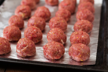 Raw beef meatballs are ready to cook.