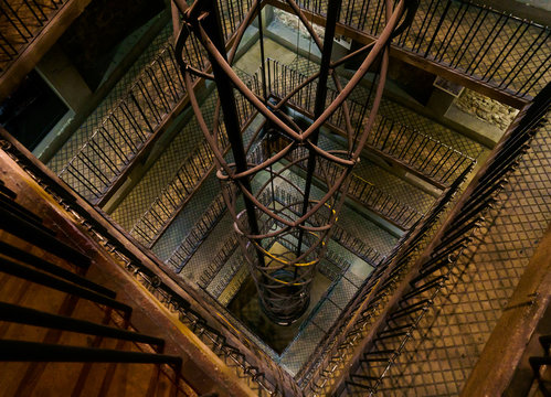 Elevator inside of Prague Astronomical Clock tower in Czech republic
