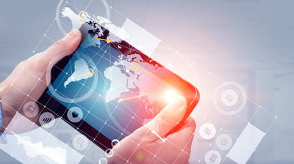 Tablet pc in male hands . Mixed media