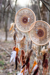 Dreamcatcher made of feathers, leather, beads, and ropes