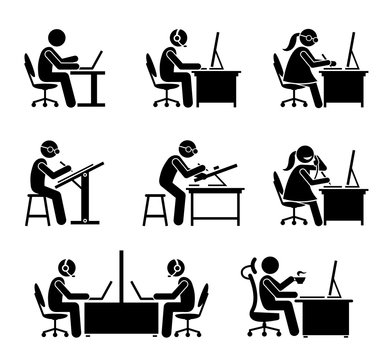 Employee working with computer and laptop at office. These jobs include programmer, software engineer, support, call center, customer service, secretary, helpdesk, receptionist, draftsman, and CEO.
