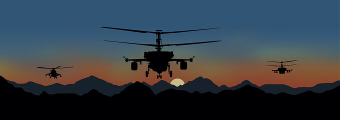 Fototapeta na wymiar Illustration, fighting helicopters in attack.