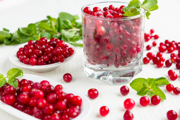 Fresh juicy cranberry and mint juice, close-up