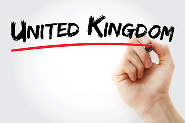 Hand writing United Kingdom with marker, concept background