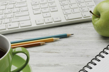 Business workplace keyboard and other stuff . Mixed media