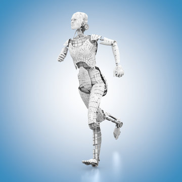 humanoider Roboter in Laufpose auf blauem Hintergrund