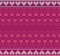 Seamless pattern on the theme of holiday Valentine's Day with an image of the Norwegian and fairisle patterns. Red hearts on a pink background. Wool knitted texture. Vector Illustration.