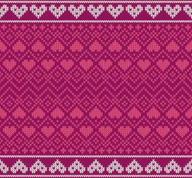 Seamless pattern on the theme of holiday Valentine's Day with an image of the Norwegian and fairisle patterns. Red hearts on a pink background. Wool knitted texture. Vector Illustration.