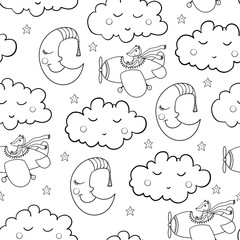 Awesome seamless patterm with cartoon sleeping clouds and cresce