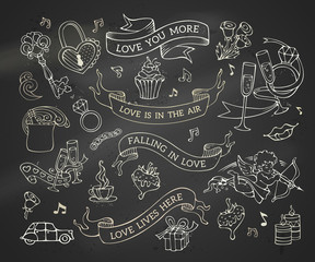 Vector set of chalk Valentine's icons, signs and symbols.