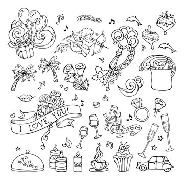 Vector set of doodles love icons.