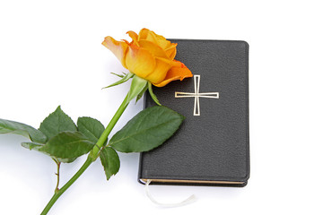 Gesangbuch mit orangegelber Rose vor weißem Hintergrund
