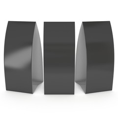 Three black paper tent cards. 3d render illustration isolated. Table cards mock up on white background.