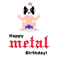 Funny birthday card. Baby with black metal corpse paint and horn hand gesture sitting on the potty toilet.