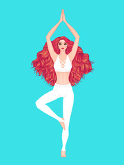 Yoga woman vector illustration. Pose Vrikshasana. Girl Meditation