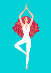 Obraz na płótnie Canvas Yoga woman vector illustration. Pose Vrikshasana. Girl Meditation