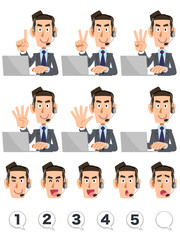 指で数字を示す男性オペレーターとノートパソコン
