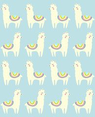 Llama seamless repeating pattern on blue background. Vector illustration.