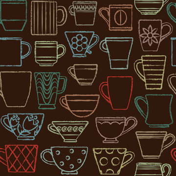 Hand drawn coffee cups and mugs in various shapes seamless pattern background 2
