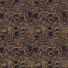 Hand drawn cups and mugs with coffee beans seamless pattern background 1