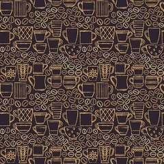 Wallpaper murals Coffee Hand drawn cups and mugs with coffee beans seamless pattern background 1