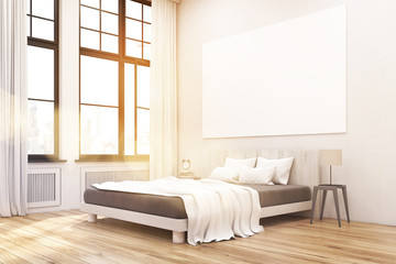 Corner of a master bedroom with a bed, two bedside tables and a large horizontal poster hanging on a white wall. Large windows. 3d rendering. Mock up. Toned image