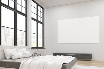 Side view of a master bedroom with a bed, a set of drawers and a large horizontal poster hanging above it. Large windows. 3d rendering. Mock up.