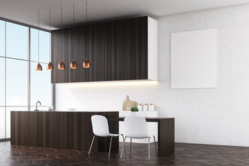 Kitchen with white walls, dark wooden counters and white chairs near a dining table. There is a poster and large windows. Side view. 3d rendering. Mock up.